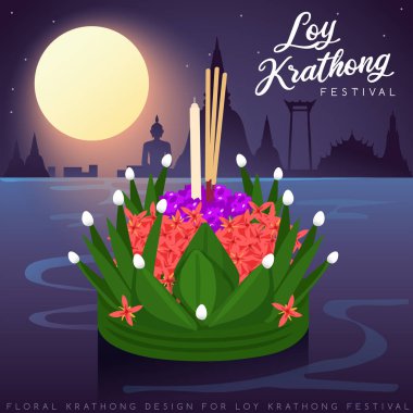 Loy Krathong, dolunay, pagoda ve tapınak arka plan ile Tay Geleneksel Festivali : Vektör İllüstrasyon