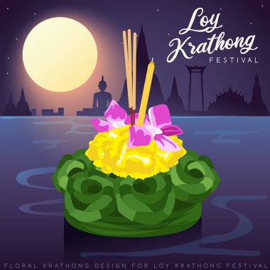 Loy Krathong, dolunay, pagoda ve tapınak arka plan ile Tay Geleneksel Festivali : Vektör İllüstrasyon
