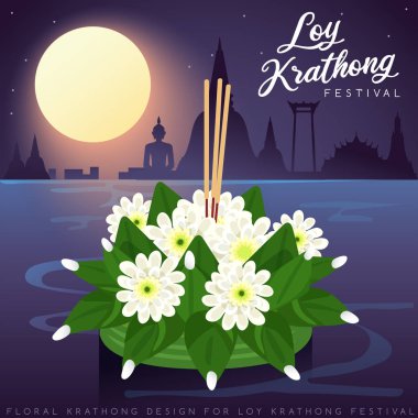 Loy Krathong, dolunay, pagoda ve tapınak arka plan ile Tay Geleneksel Festivali : Vektör İllüstrasyon