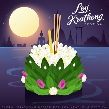 Loy Krathong, dolunay, pagoda ve tapınak arka plan ile Tay Geleneksel Festivali : Vektör İllüstrasyon