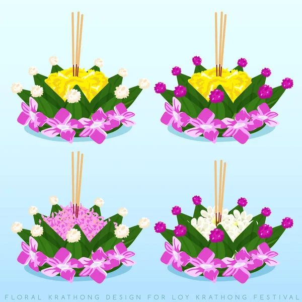 Loy Krathong, Krathong tasarım seti açık mavi arka plan izole : Vektör İllüstrasyon