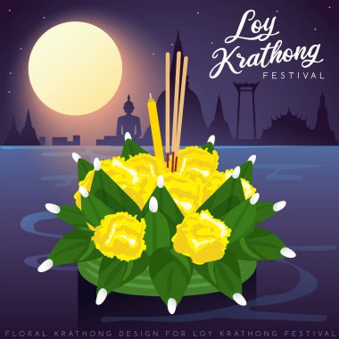 Loy Krathong, dolunay, pagoda ve tapınak arka plan ile Tay Geleneksel Festivali : Vektör İllüstrasyon