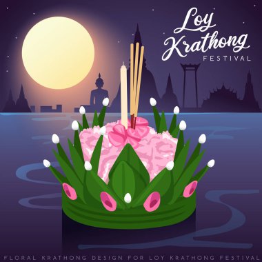 Loy Krathong, dolunay, pagoda ve tapınak arka plan ile Tay Geleneksel Festivali : Vektör İllüstrasyon
