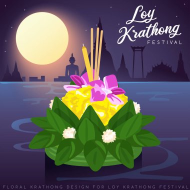 Loy Krathong, dolunay, pagoda ve tapınak arka plan ile Tay Geleneksel Festivali : Vektör İllüstrasyon
