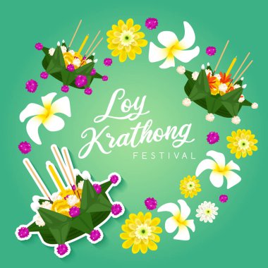 Loy Krathong, Tay Geleneksel Festival Kart Şablonu : Vektör İllüstrasyon