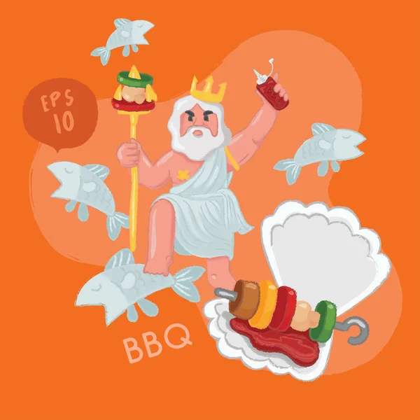 Estatua Rey Del Océano Con Barbacoa Mariscos Vector Ilustración — Archivo Imágenes Vectoriales