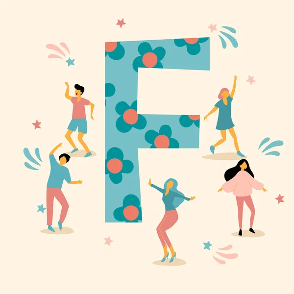 Nagybetűs Levél Fiatal Férfiakkal Nőkkel Akik Együtt Táncolnak Vector Illustration — Stock Vector