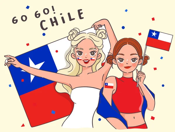 Duas Meninas Bonitas Segurando Bandeira Nacional Vetor Ilustração — Vetor de Stock