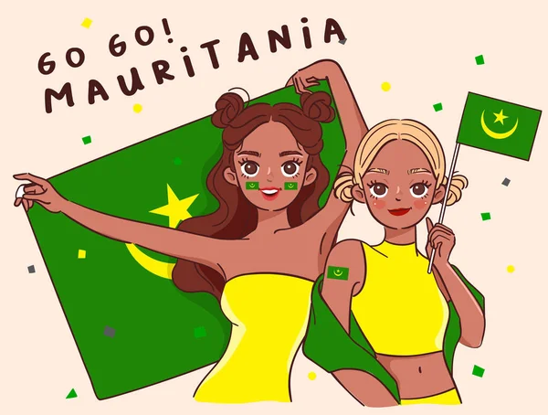 Duas Meninas Bonitas Segurando Bandeira Nacional Vetor Ilustração — Vetor de Stock