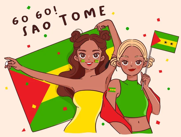 Duas Meninas Bonitas Segurando Bandeira Nacional Vetor Ilustração — Vetor de Stock
