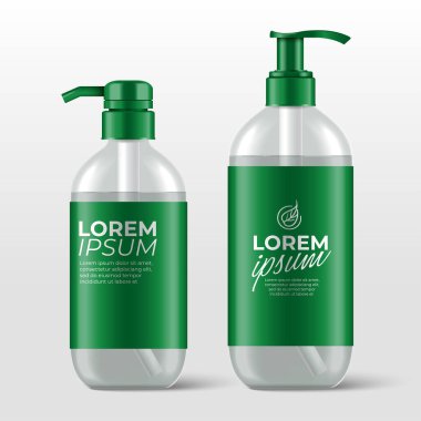 Cilt bakımı için pompalı gerçekçi plastik şişeler: duş jeli, şampuan, krem veya losyon: Vektör İllüstrasyonu