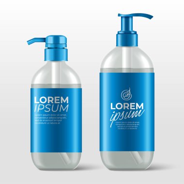 Cilt bakımı için pompalı gerçekçi plastik şişeler: duş jeli, şampuan, krem veya losyon: Vektör İllüstrasyonu