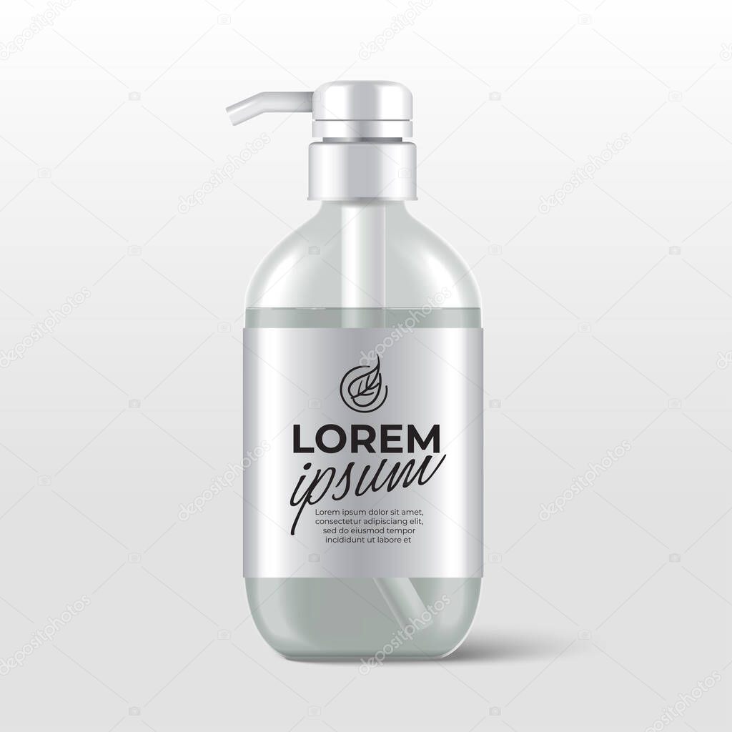 Realistic plastic bottles with pump dispenser for skincare product : shower gel, shampoo, cream or lotion : Vector Illustration