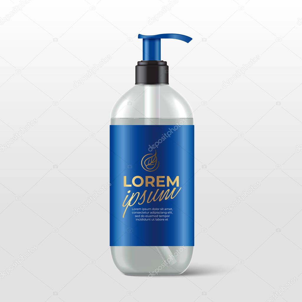 Realistic plastic bottles with pump dispenser for skincare product : shower gel, shampoo, cream or lotion : Vector Illustration