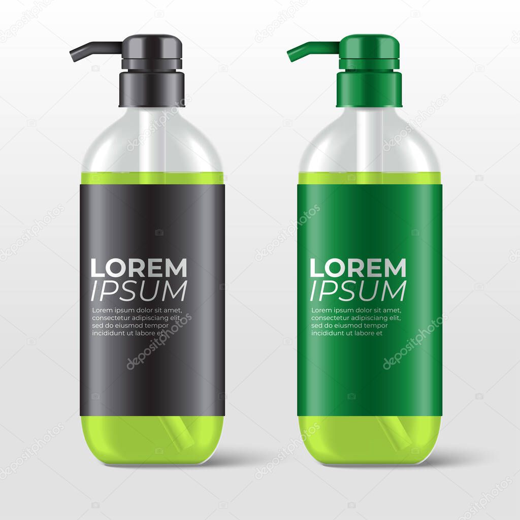 Realistic plastic bottles with pump dispenser for skincare product : shower gel, shampoo, cream or lotion : Vector Illustration