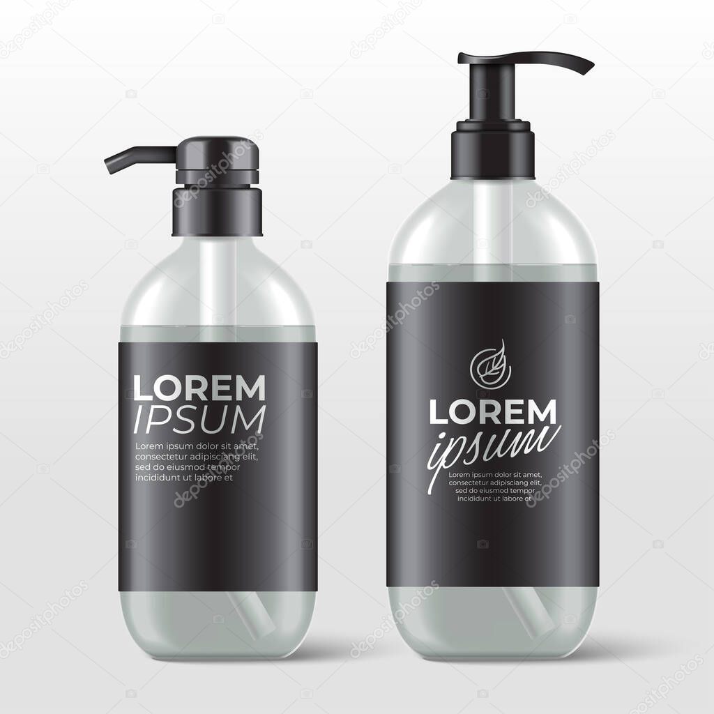 Realistic plastic bottles with pump dispenser for skincare product : shower gel, shampoo, cream or lotion : Vector Illustration
