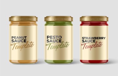 Açık gri arka planda izole edilmiş boş etiket şablonu ve altın kapağı olan premium cam kap seti: Vektör İllüstrasyonu