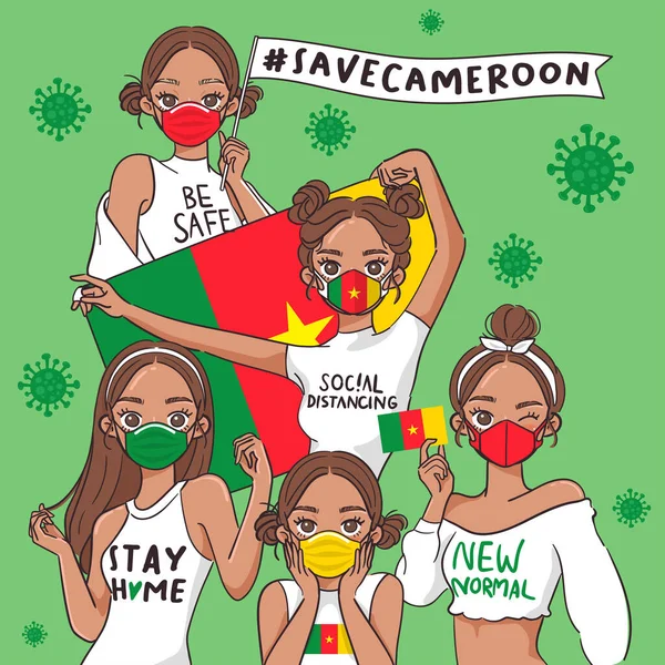 Ilustración Vectorial Para Campaña Prevención Covid Conjunto Chicas Guapas Con — Vector de stock