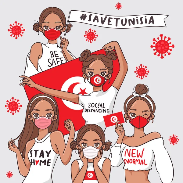 Illustrazione Vettoriale Campagna Sulla Prevenzione Covid Set Belle Ragazze Con — Vettoriale Stock