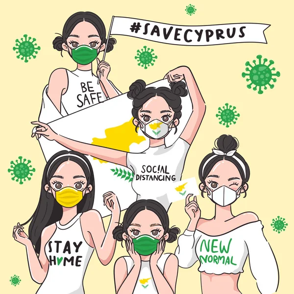 Ilustración Vectorial Para Campaña Prevención Covid Conjunto Chicas Guapas Con — Archivo Imágenes Vectoriales