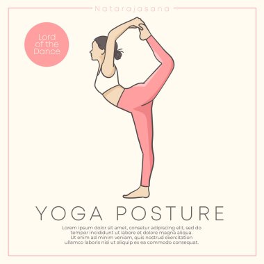 Pastel kıyafetle yoga yapan sağlıklı bir genç kadının el çizimiyle çizilmiş afiş tasarımı: Vektör İllüstrasyonu