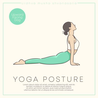 Pastel kıyafetle yoga yapan sağlıklı bir genç kadının el çizimiyle çizilmiş afiş tasarımı: Vektör İllüstrasyonu