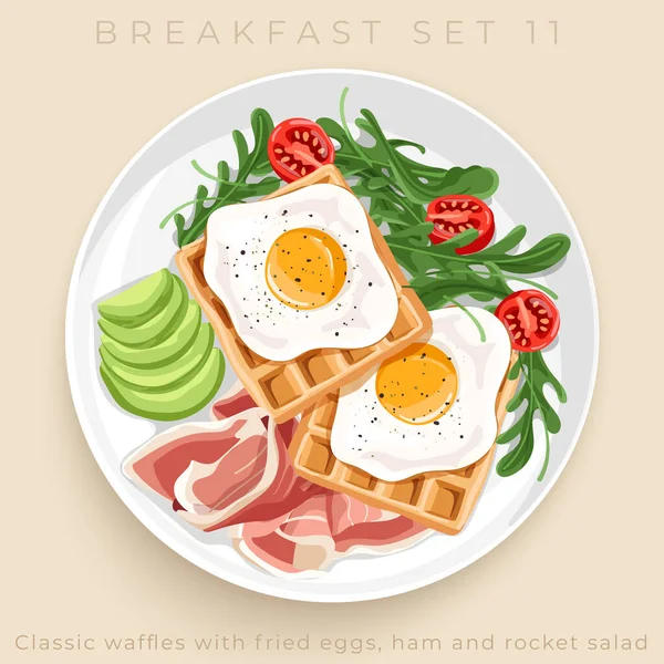 Ovanifrån Läckra Frukost Set Isolerad Beige Bakgrund Vektor Illustration — Stock vektor