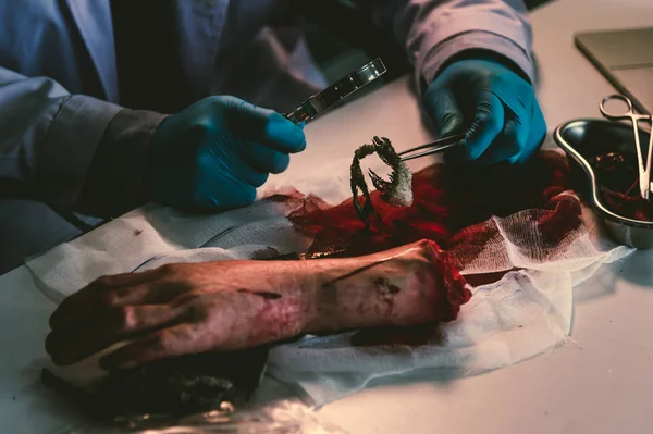 Experto en ciencias forenses que examina rastros de sangre y mano y muestra de ropa recolectada de una escena del crimen. — Foto de Stock