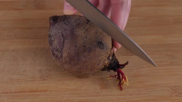 Human Hands Cutting Beet Wooden Board — Stock Video