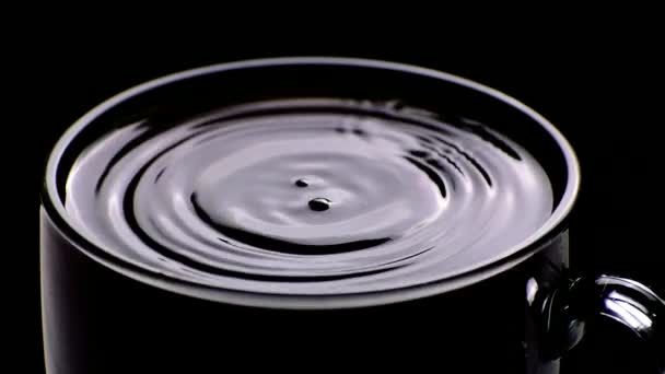 Closeup Drop Falling Cup Coffee Black Background — Stock Video