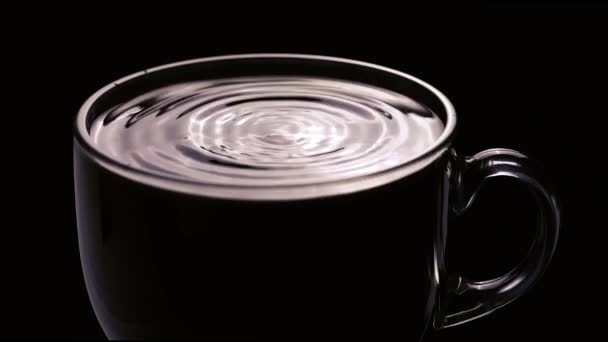 Zbliżenie Kropli Spadających Filiżanki Kawy Czarnym Tle — Wideo stockowe