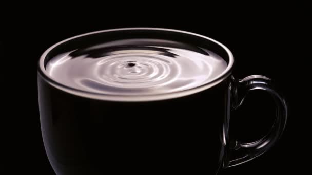 Closeup Drop Falling Cup Coffee Black Background — Stock Video