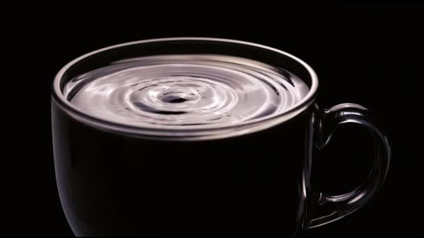 Closeup Drop Falling Cup Coffee Black Background — Stock Video