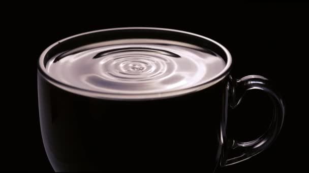 Closeup Drop Falling Cup Coffee Black Background — Stock Video