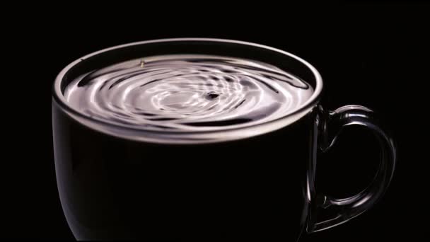 Closeup Drop Falling Cup Coffee Black Background — Stock Video