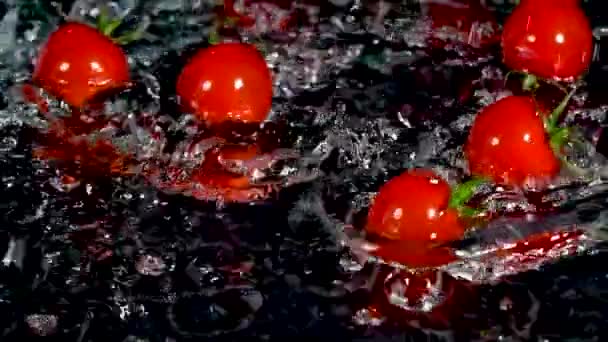 Pomodori Che Cadono Spruzzi Acqua — Video Stock
