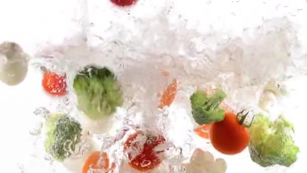 Fresh Vegetables Falling Water Splash Slow Motion — Stock Video
