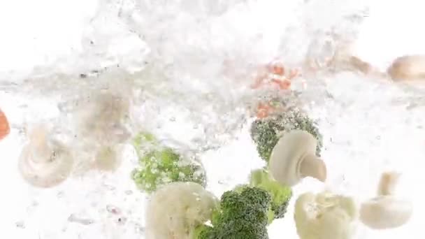 Fresh Vegetables Falling Water Splash Slow Motion — Stock Video