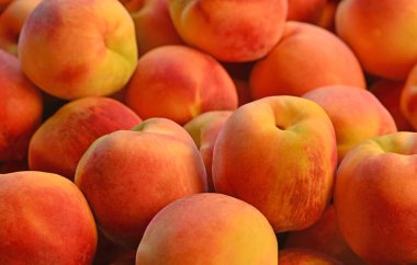 Bir demet şeftali üst üste yığılmış. Şeftaliler olgunlaştı ve yenmeye hazır.