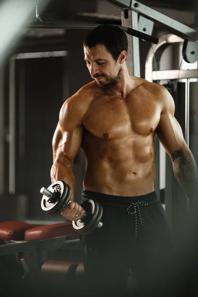 Fitness en gimnasio, deporte y estilo de vida saludable. Hombre atlético guapo con torso desnudo haciendo ejercicios. Culturista modelo masculino entrenamiento bíceps músculos con mancuerna —  Fotos de Stock