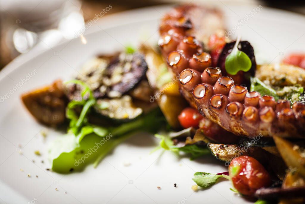 Warm octopus salad with stir fried vegetables and aji sauce on white plate. Delicious healthy mediterranean traditional seafood closeup served on a table for lunch.