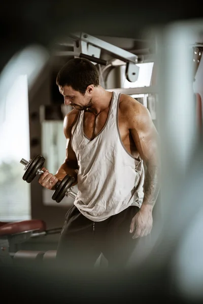 Fitness in sportschool, sport en een gezonde levensstijl concept. Knappe atletische man in wit shirt die oefeningen maakt. Bodybuilder mannelijk model training biceps spieren met halter — Stockfoto