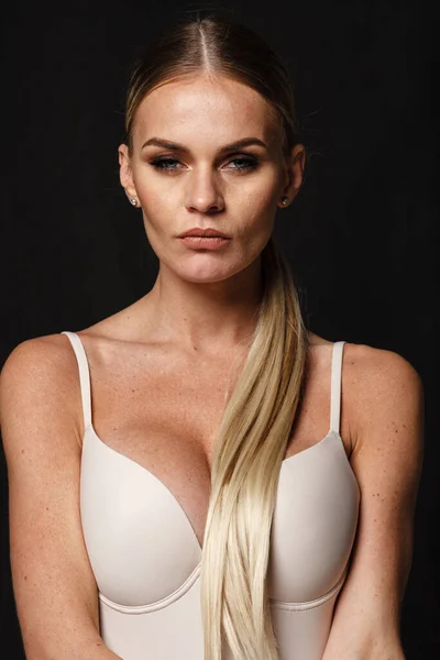 Fashion Lingerie Concept Mooie Blonde Dame Portret Sexy Naakt Kleur — Stockfoto