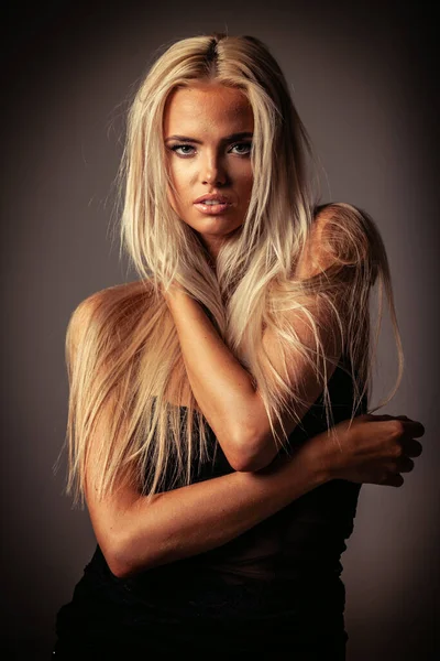Portrait Blond Young Woman Beautiful Makeup Hairstyle Black Lace Dress — Stock Photo, Image