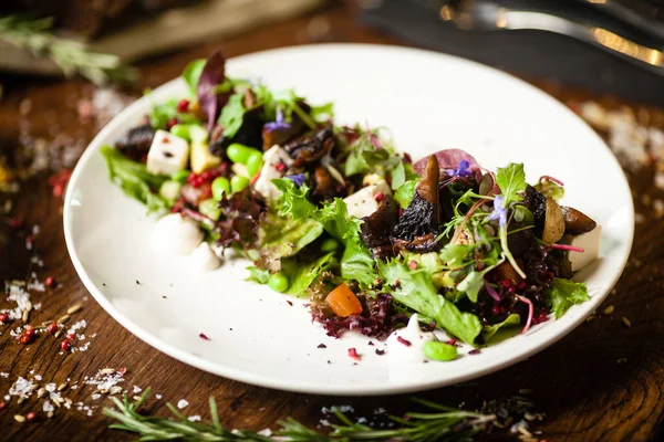 Fresh Vegan Salad Avocado Couscous Melon Portobello Soybean Tofu White — Stock Photo, Image