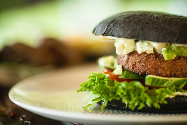 Vegan Burger Black Bun Tofu Avocado Salad Mayonnaise Cucumber Tomato — Stock Photo, Image