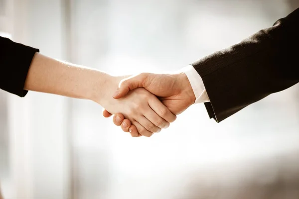 Successful Business Concept Young Businesswoman Businessman Shake Hands Closeup Signing — Stock Photo, Image