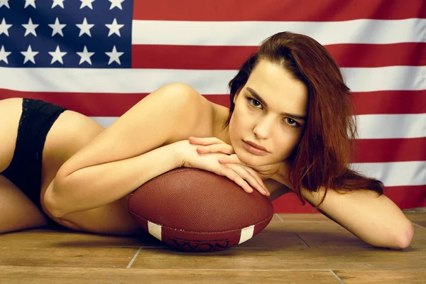 Photo Beautiful Young Topples Girl Black Lingerie American Football Ball — Stock Photo, Image