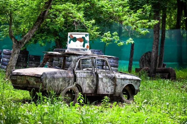 Пейнтбольный Тир Пейнтбольная Территория Лесу Старая Машина Переднем Плане Разноцветными — стоковое фото