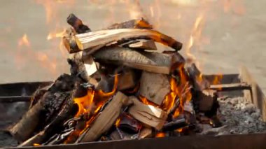 Huş ağacının yakacağı odun ızgarada yanıyor. Güneşli bir bahar günü. Hiç kimse. Evin yakınındaki bir sitede piknik. Kömür mangalı.